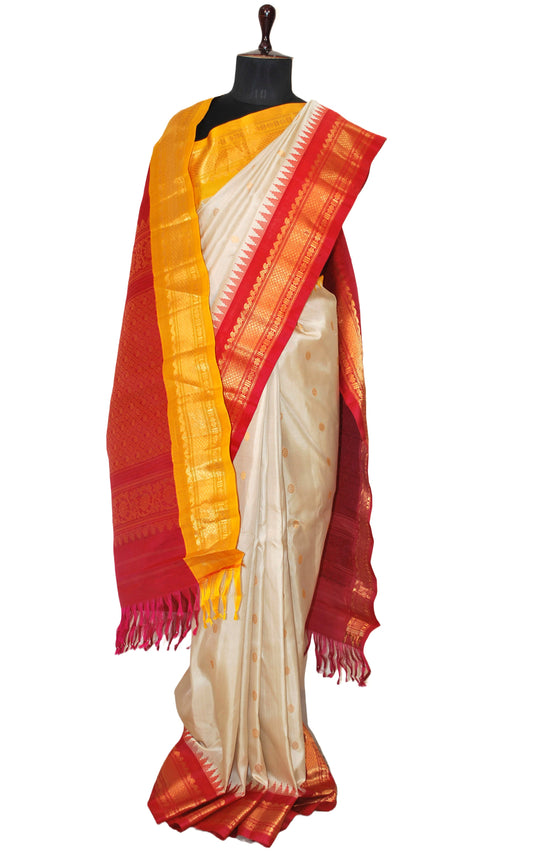 Exclusive Gadwal Silk Saree in Off White, Red, Sunset Yellow and Golden Zari Work