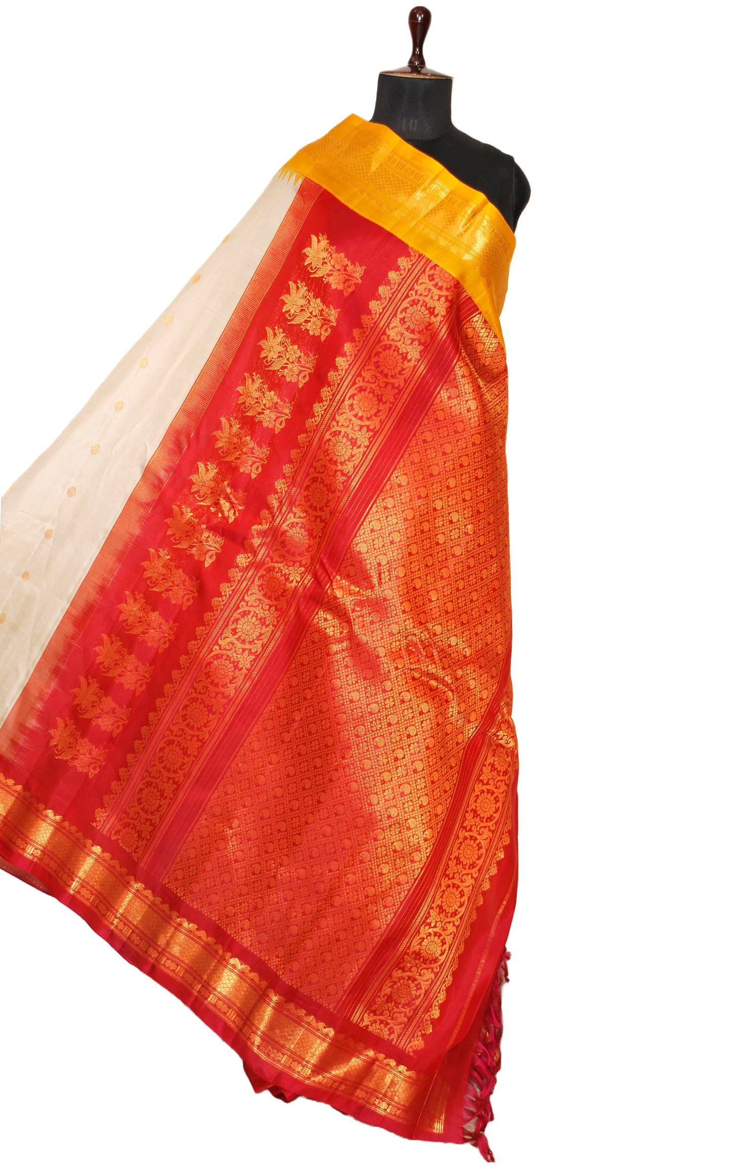 Exclusive Gadwal Silk Saree in Off White, Red, Sunset Yellow and Golden Zari Work