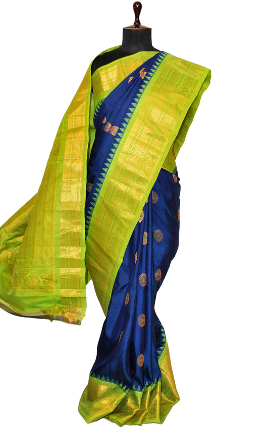 Exclusive Gadwal Silk Saree in Royal Blue, Bright Green and Golden Zari Work