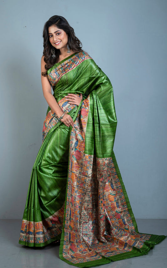 Hand Painted Madhubani on Handwoven Natural Gicha Tussar Silk Saree in Forest Green