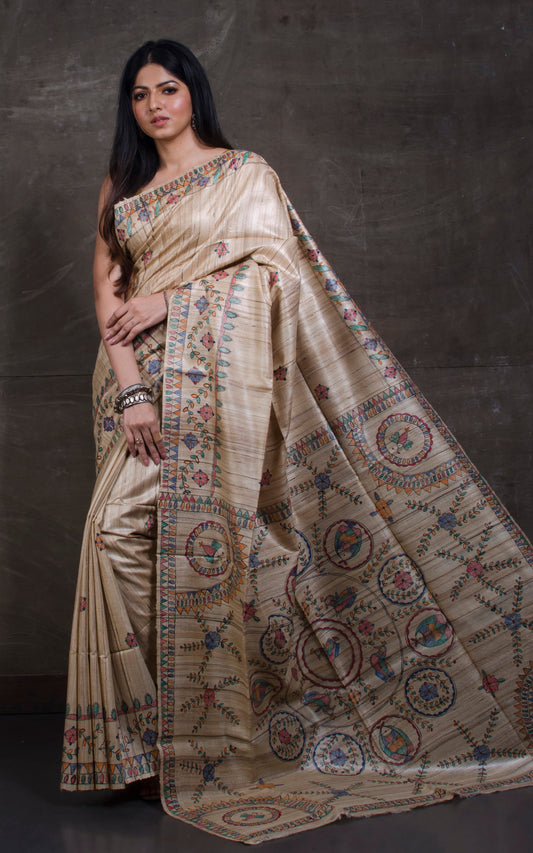 Hand Paint Madhubani on Pure Gicha Tussar Silk Saree