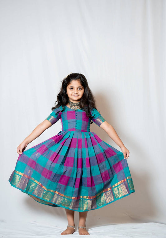 Kattam - Anarkali dress in chettinad cotton in Teal and Pink checks