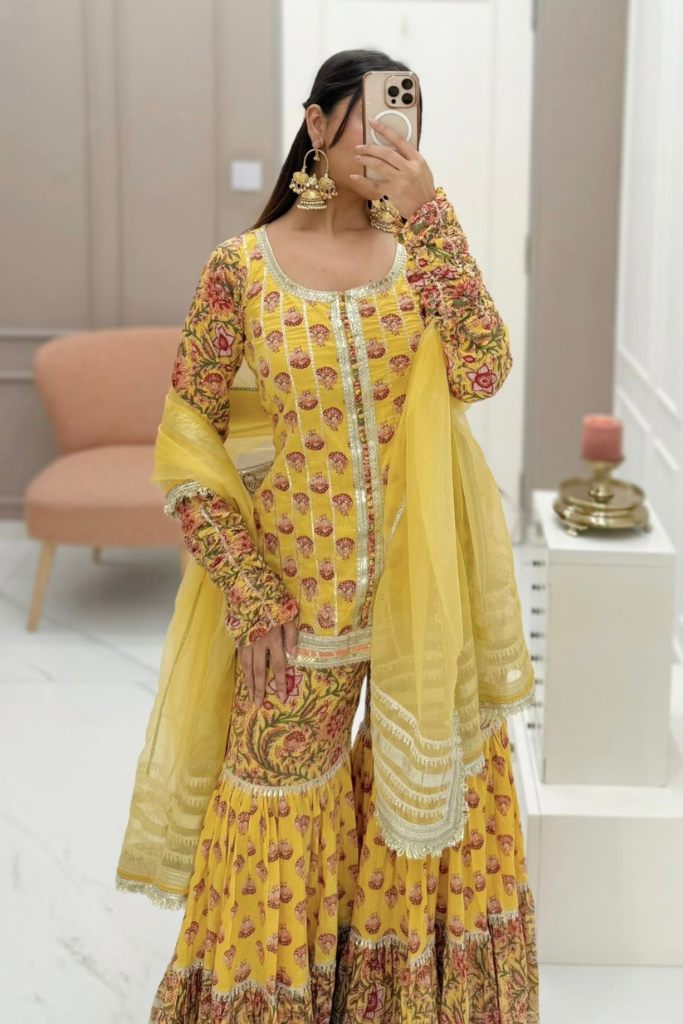 Ayesha Yellow Cotton Floral Print Haldi Sharara Set
