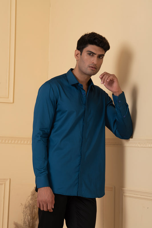 Teal Blue Giza Cotton Solid teal blue plain shirt