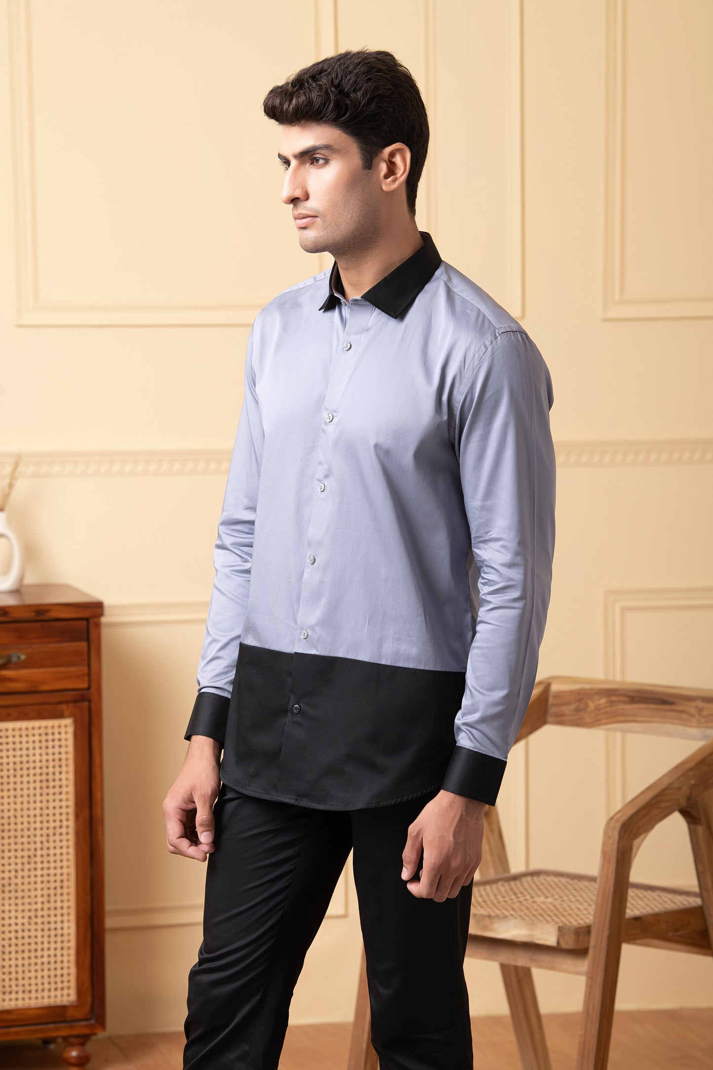 Grey Giza Cotton Grey shirt with black patch below the pocket, and black collar