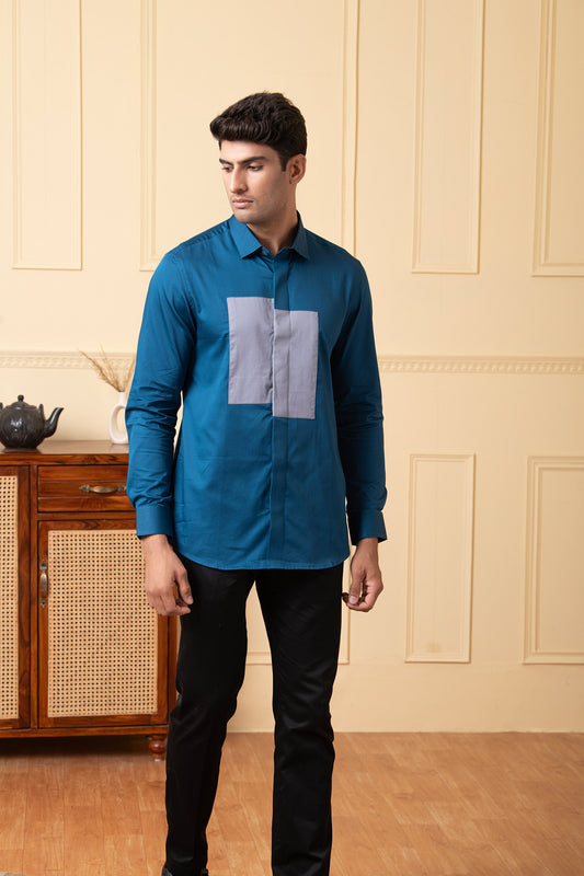 Blue Giza Cotton Blue shirt with a grey patch box