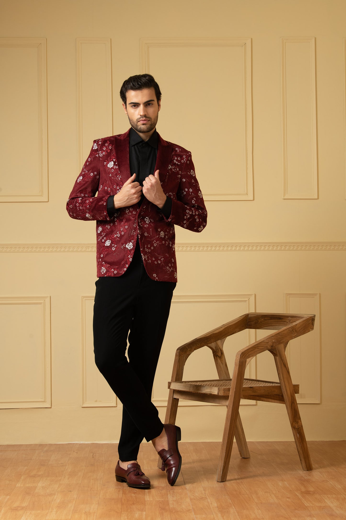 Maravilla Maroon Velvet Hand Embroidered Festive Blazer