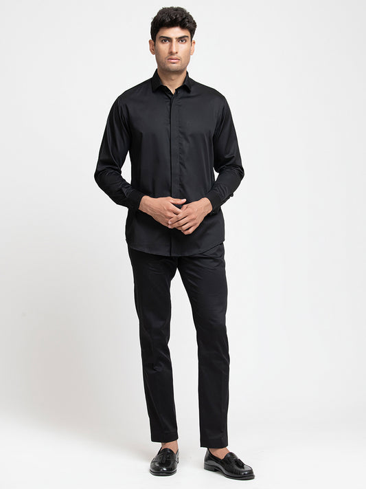Black Cotton satin perto solid Black Shirt