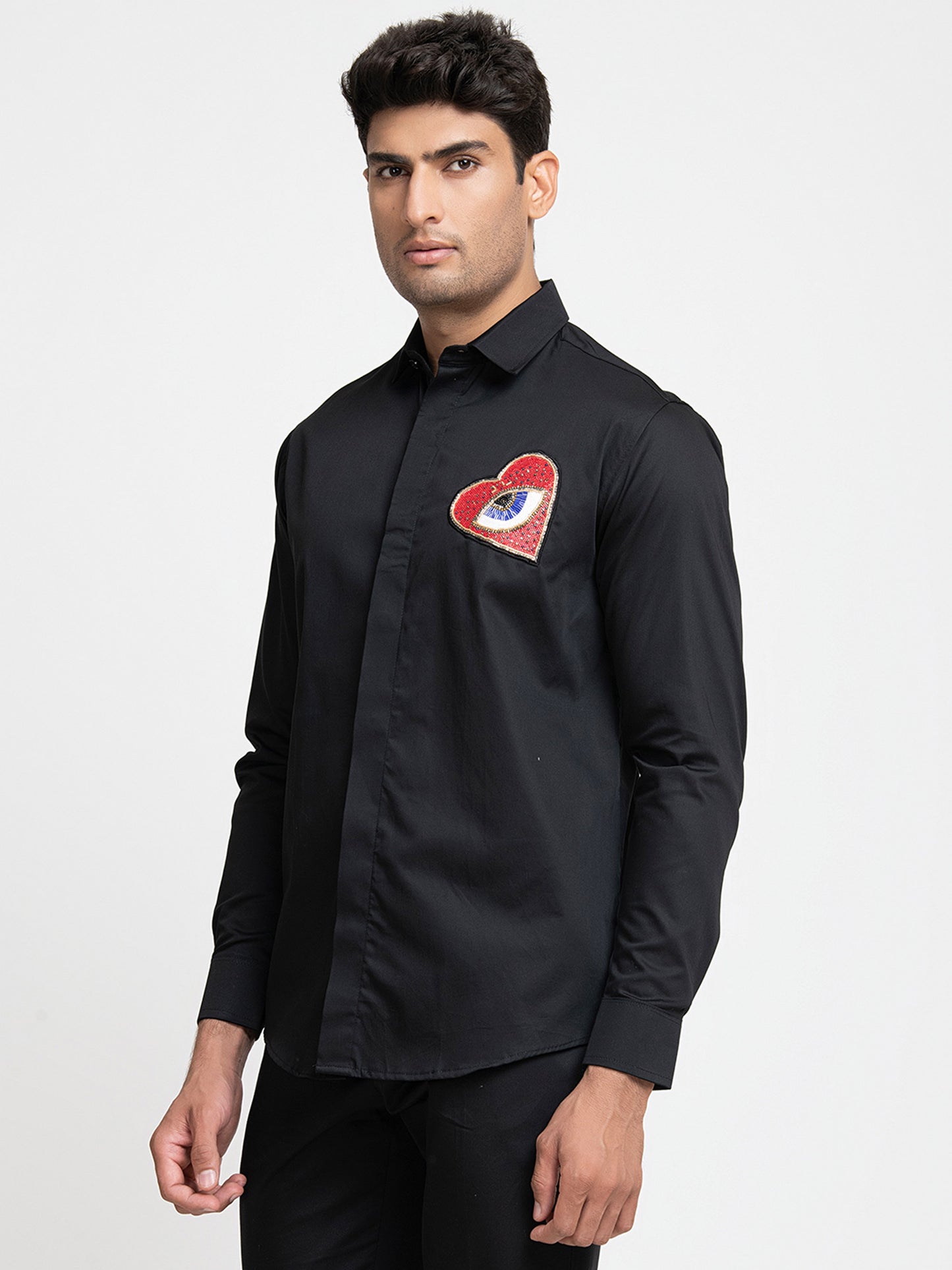 Black Giza Cotton Red heart embroidery shirt