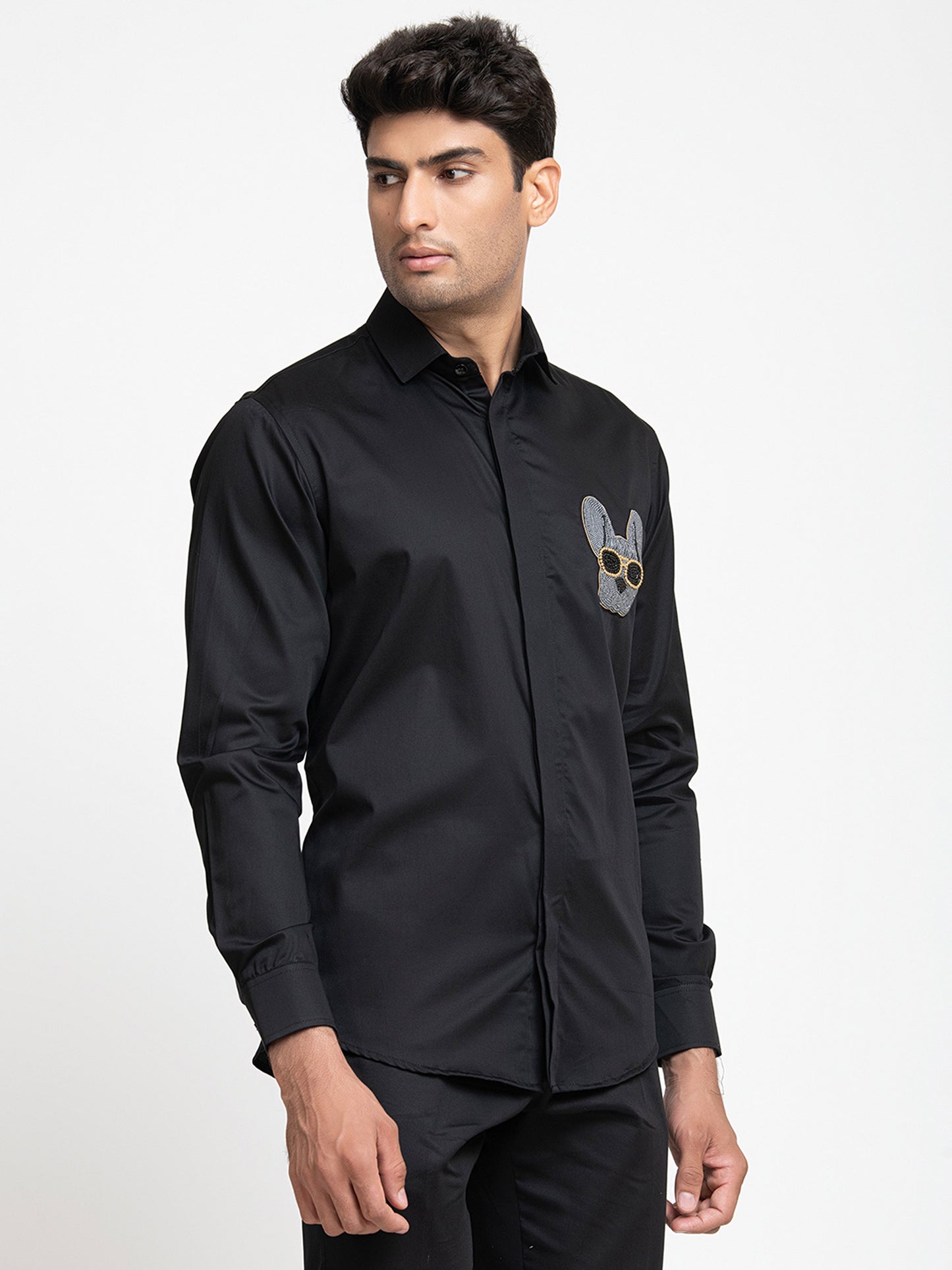 Black Giza Cotton Dog embroidery shirt