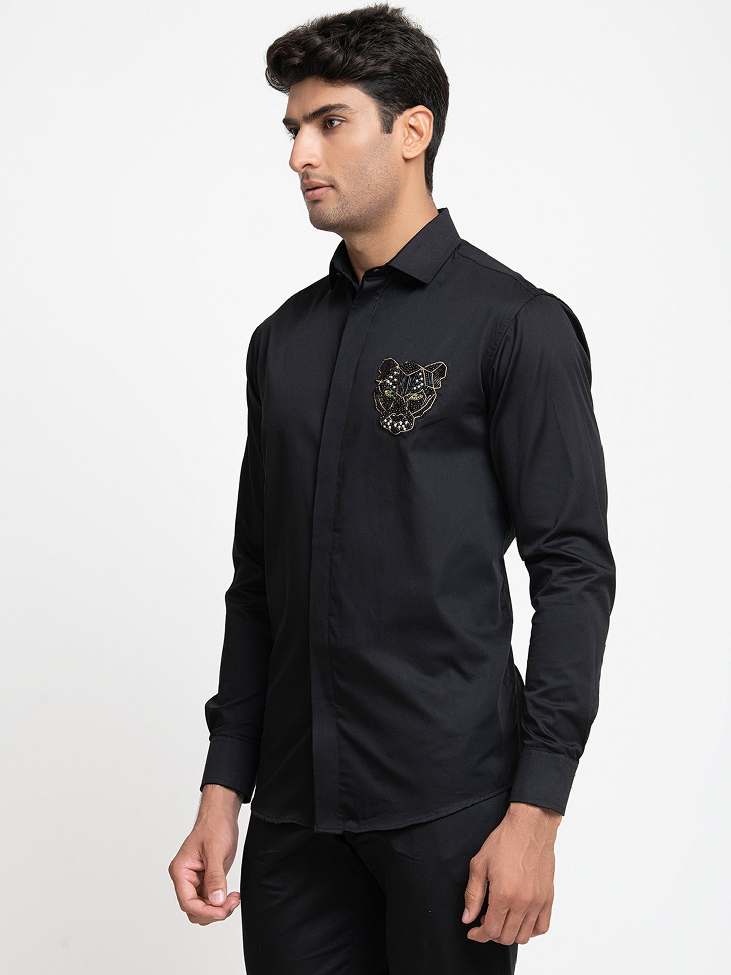 Black Giza Cotton Panther embroidery shirt