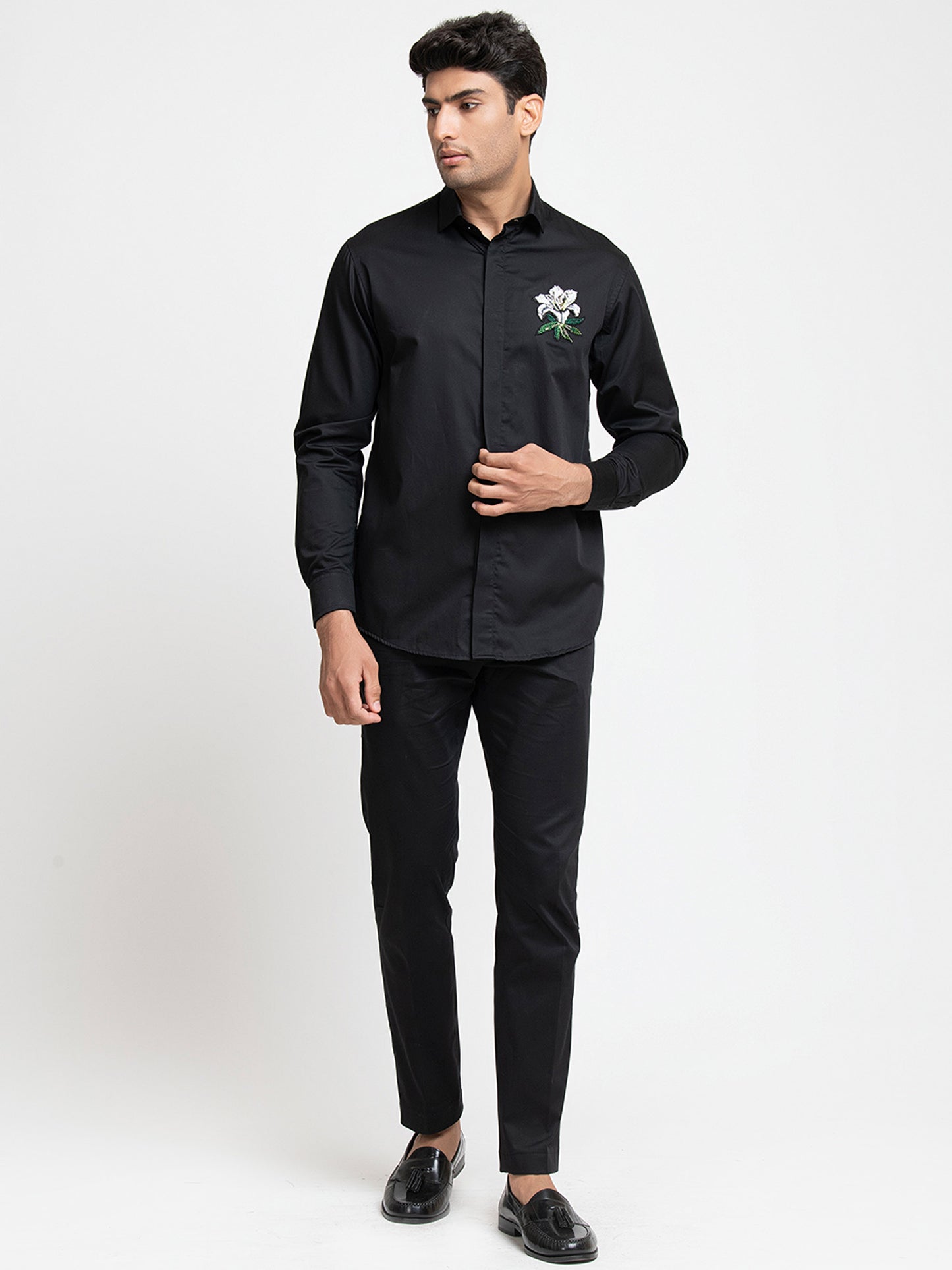 Black Giza Cotton Flower embroidery shirt