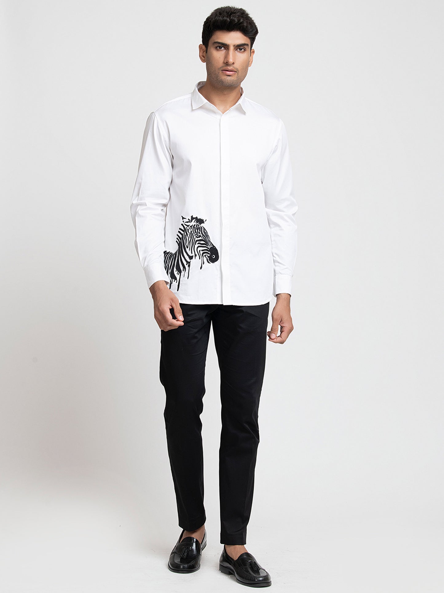 White Cotton satin Stan Zebra Embroidered Party Wear Shirt