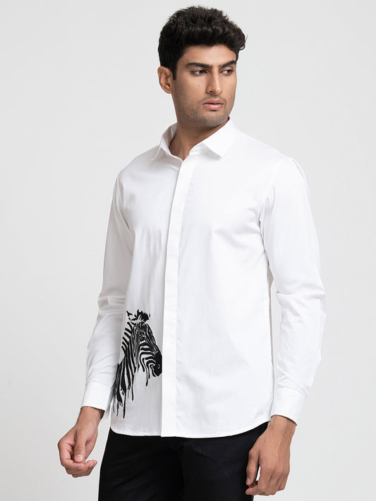 White Cotton satin Stan Zebra Embroidered Party Wear Shirt