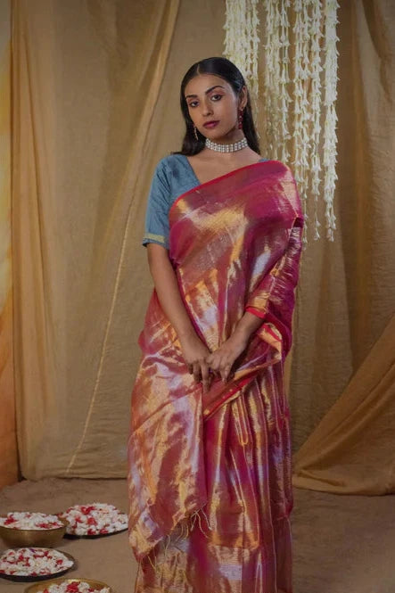 Peach Crown Jewel I Handloom Tissue saree