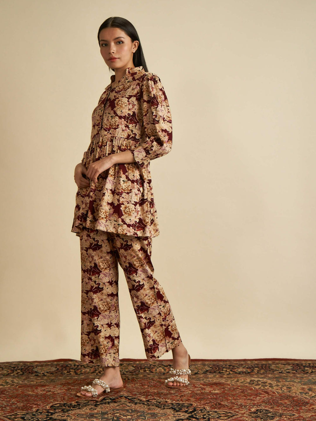 Maroon Digital Print with foil work rayon co-ords set