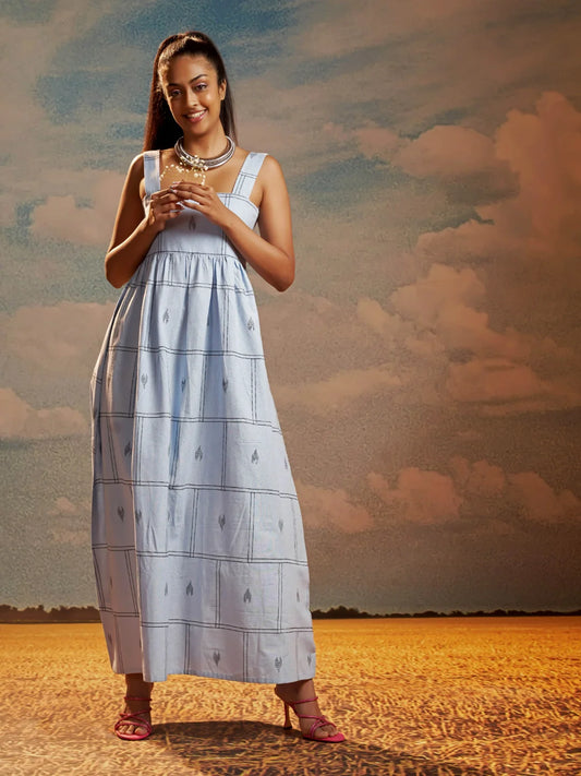 Sky Blue Abstract Print Handloom Cotton A-Line Maxi Dress