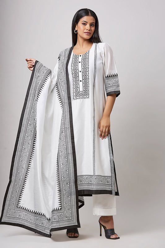 Ivory and Black Block Printed Embroidered Chanderi Kurta Set