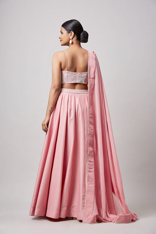 Pearl Work Pink Bustier With Lehenga