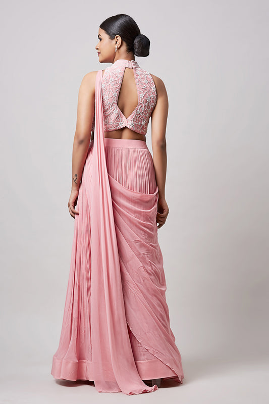 Pink Halter Neck Blouse With Pre Drape Saree