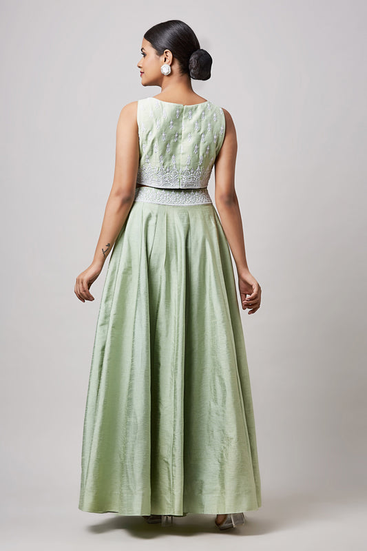 Mint Green Hand Embroidered Raw Silk Lehenga Set