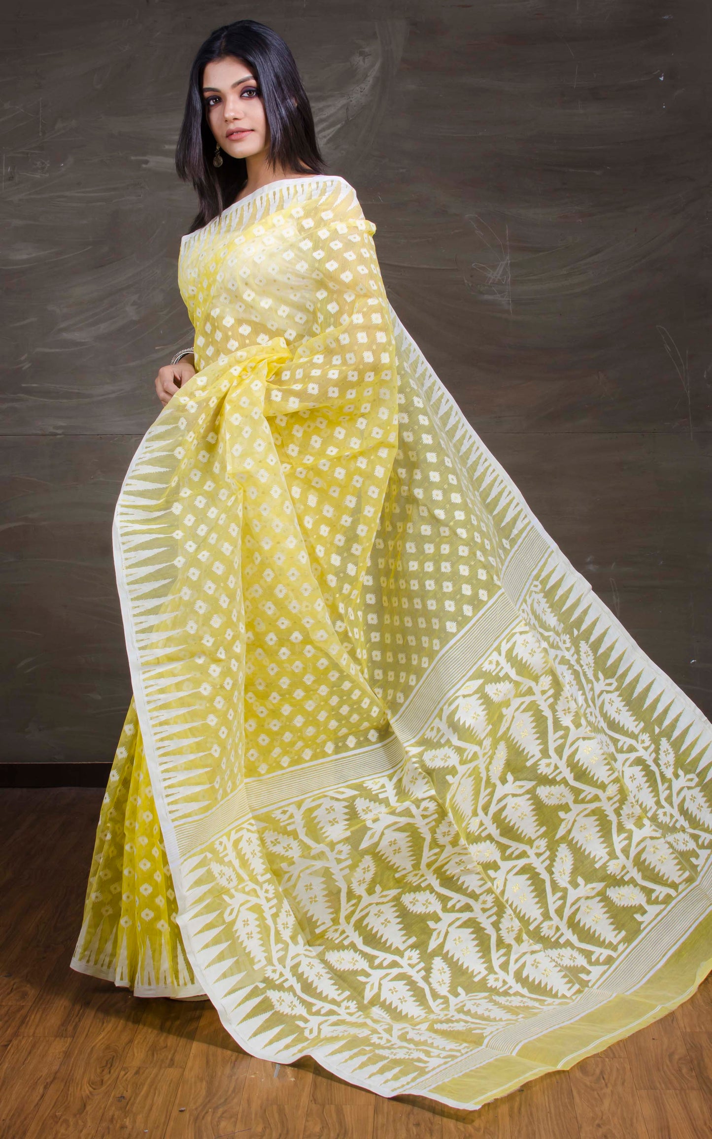 Traditional Soft Jamdani Saree in Lemon Curd Yellow and White
