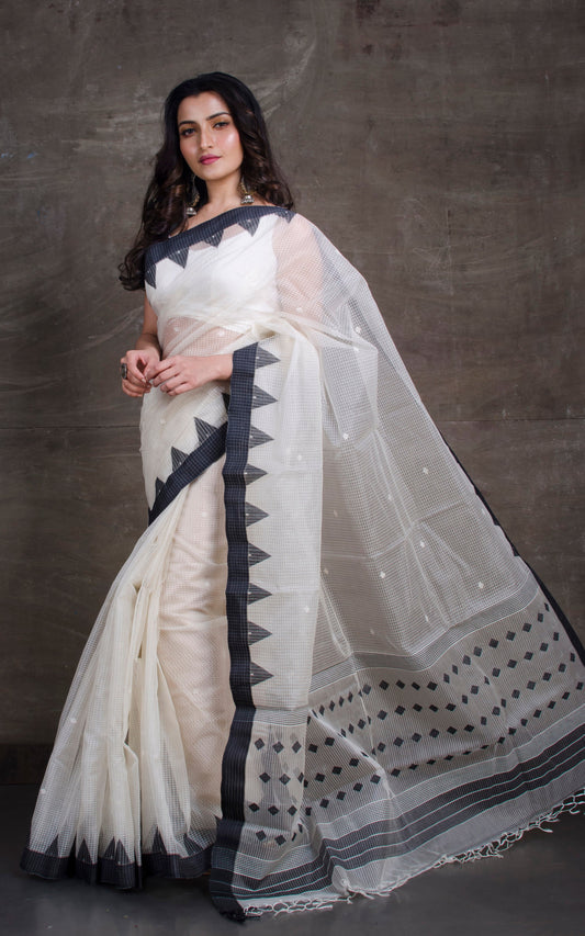 Woven Kota Checks Resham Muslin Jamdani Saree in White and Black