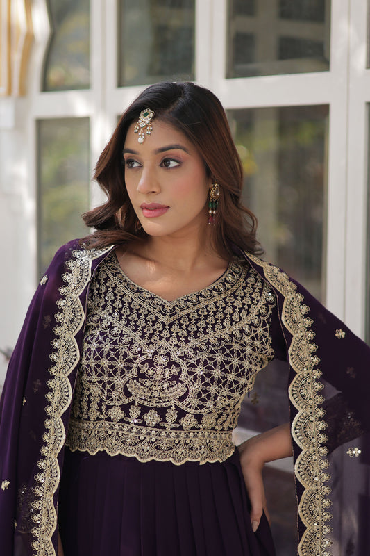 Wine Georgette Thread , Sequins & Embroidered Festive Anarkali