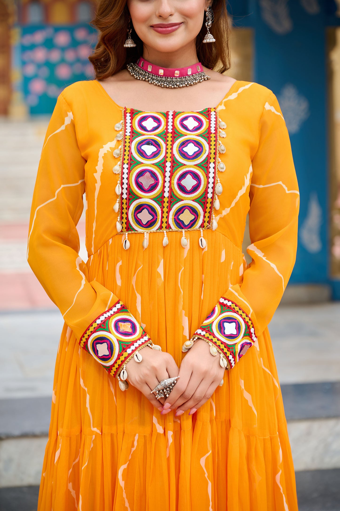 Yellow Faux Georgette Leheriya Print With Kutchi Patch Work Navaratri Gown