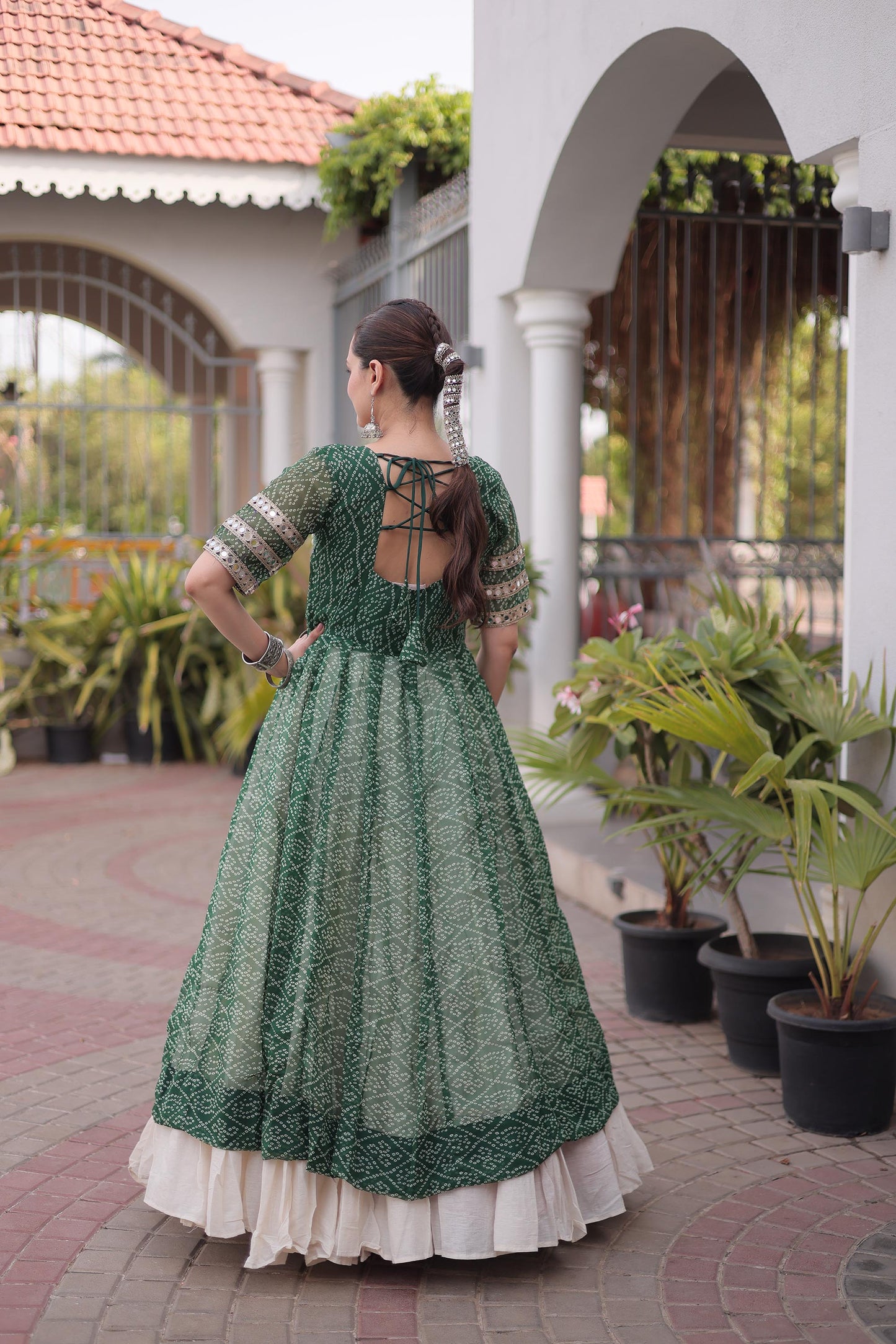 Green & White Bandhani Print With kutcha Patch Work Faux Georgette Navratri Lehenga Choli