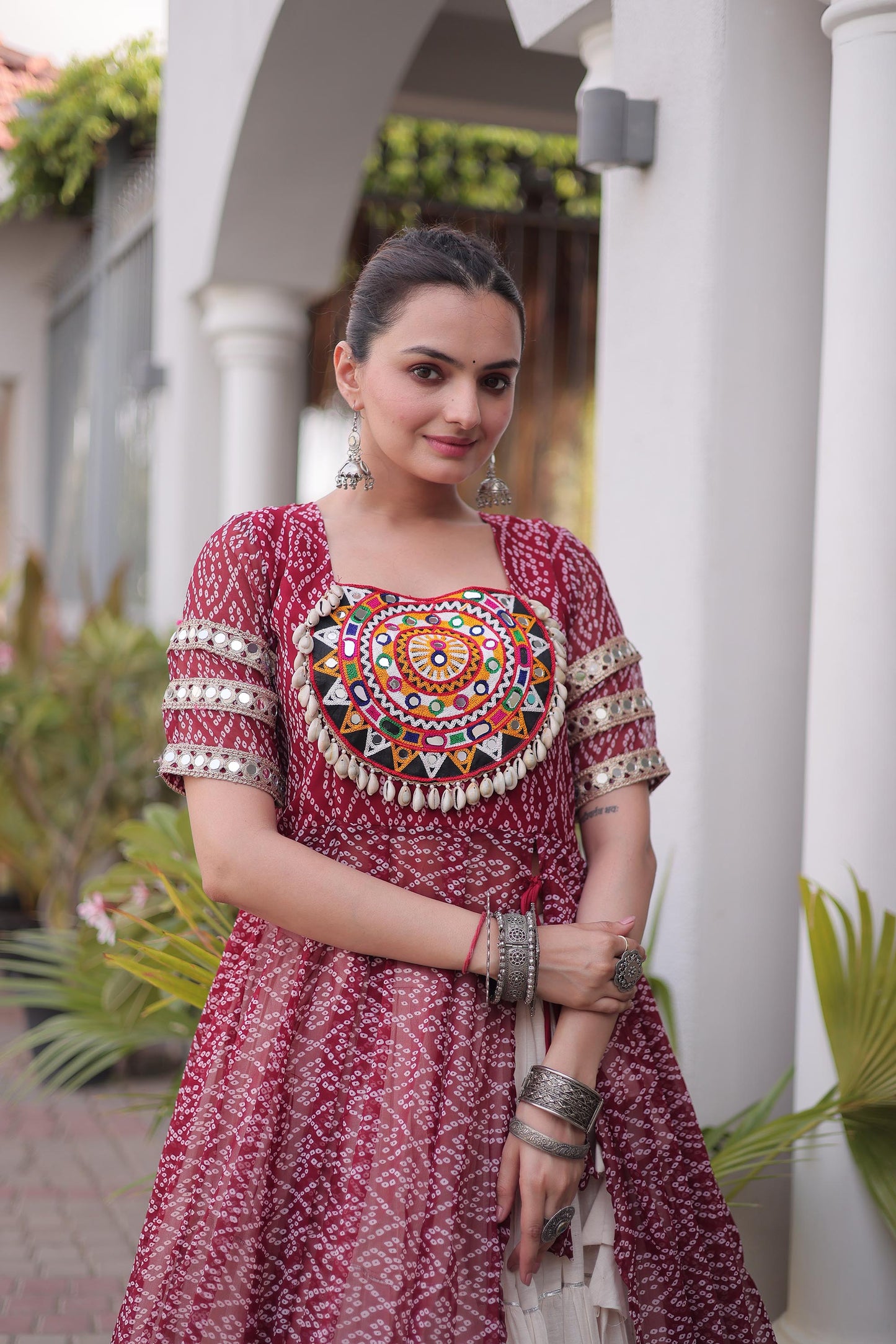 Maroon & White Bandhani Print With kutcha Patch Work Faux Georgette Navratri Lehenga Choli