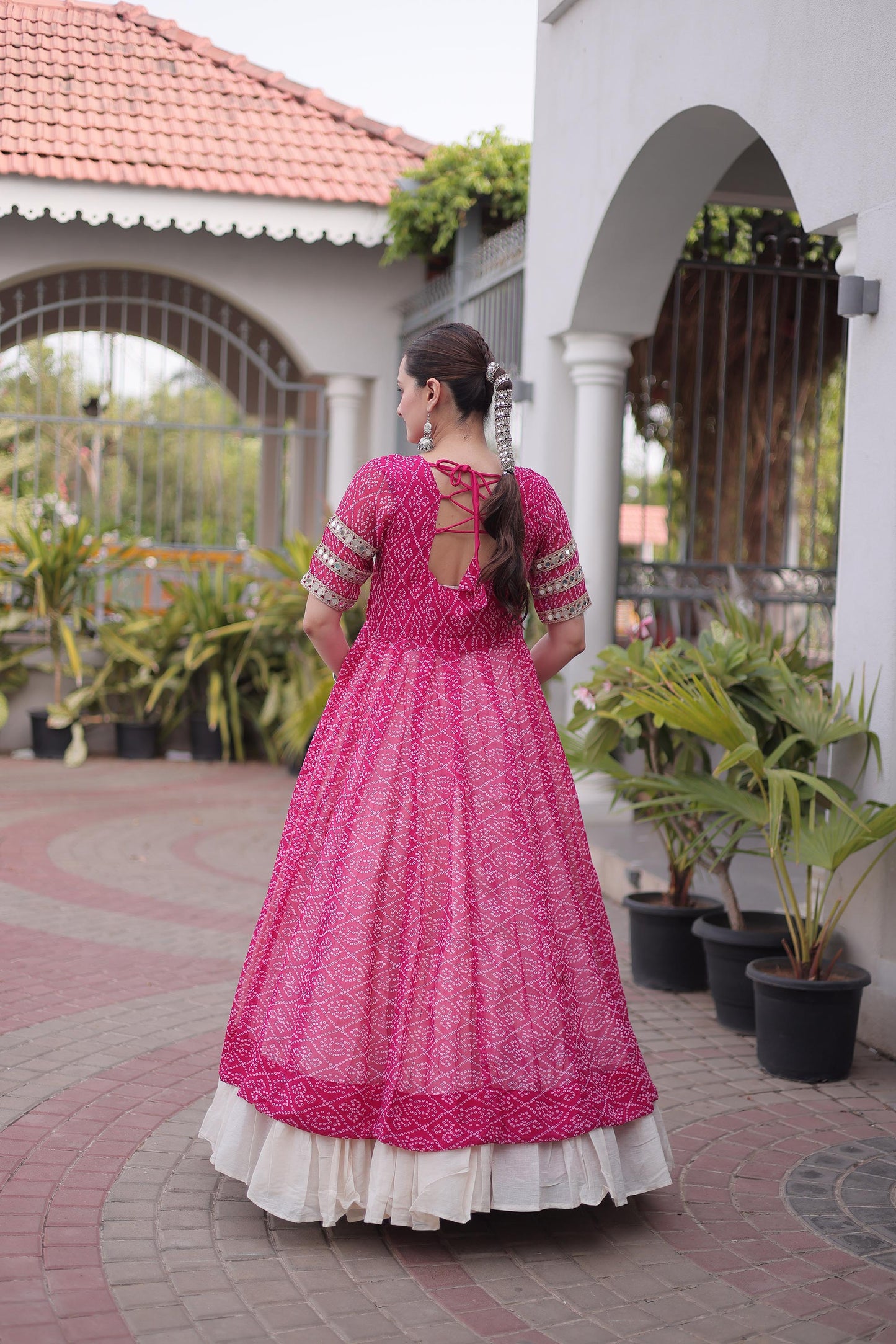 Pink & White Bandhani Print With kutcha Patch Work Faux Georgette Navratri Lehenga Choli