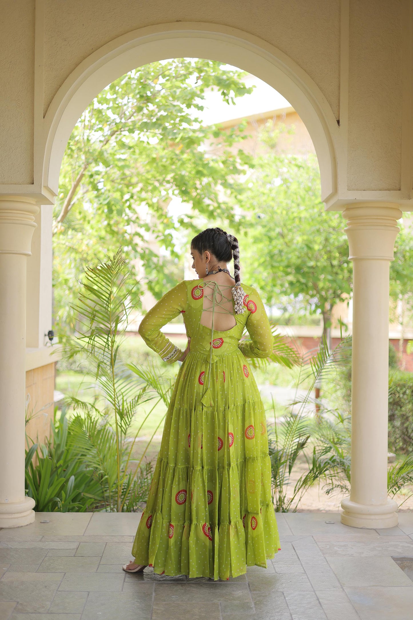 Sea Green Faux Georgette Bandhani Print & Kutchi Patchwork Anarkali Gown