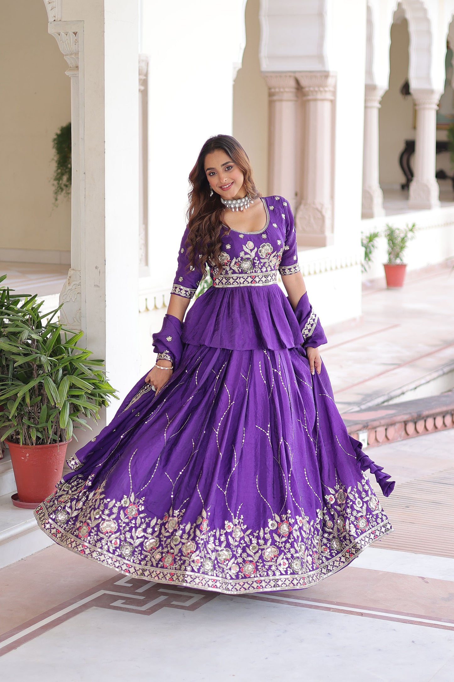 Purple Crush with Multi Thread Embroidery Zari Sequins-Work Bridesmaid Lehenga
