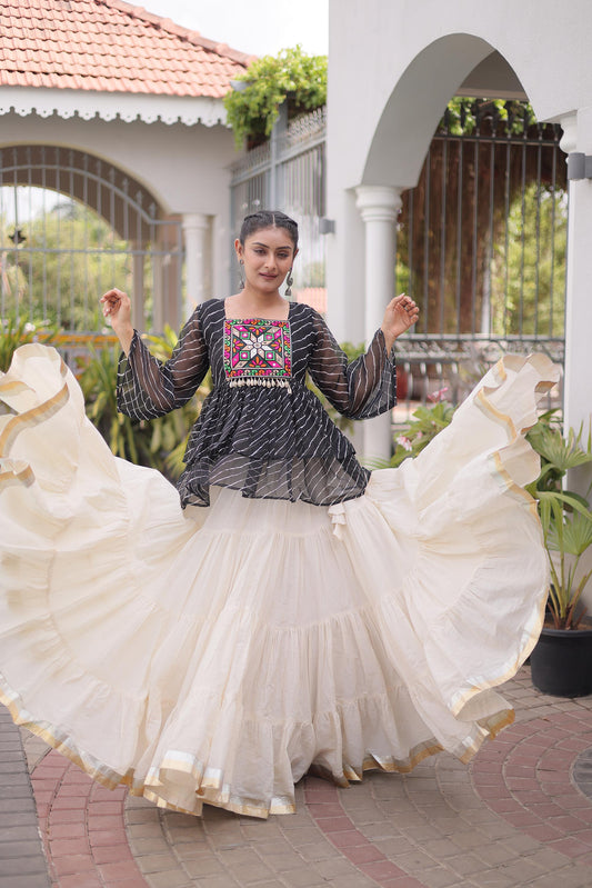White & Black Kutchi Gamthi Patch Work Cotton Navratri Lehenga Choli