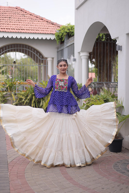 White & Blue Kutchi Gamthi Patch Work Cotton Navratri Lehenga Choli