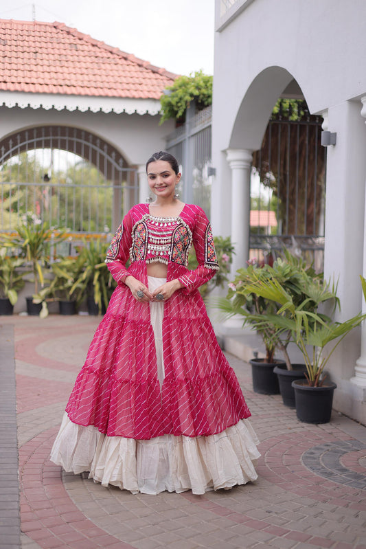 Pink Faux Georgette Lehariya Print with Kutchi Patchwork Navratri Lehenga Choli
