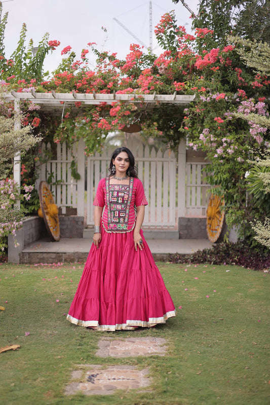 Pink Kora Cotton with kutcha Patch Work Navratri Lehenga