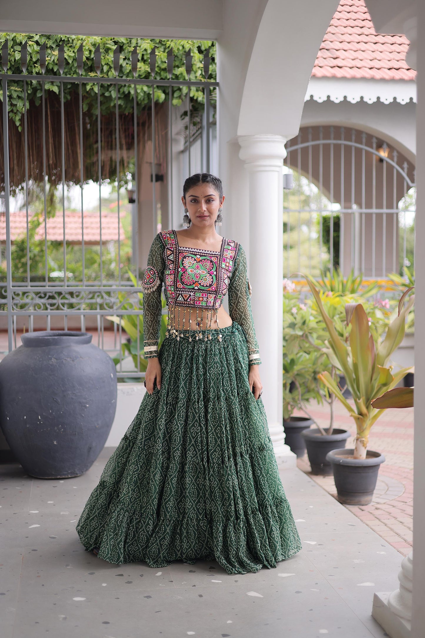 Green Bandhani Print with Kutchi Patchwork Faux Georgette Navratri Lehenga Choli