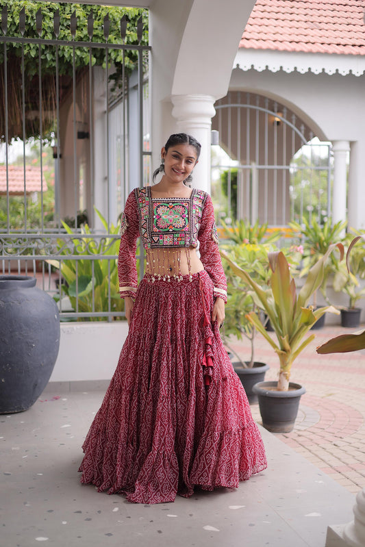 Maroon Bandhani Print with Kutchi Patchwork Faux Georgette Navratri Lehenga Choli