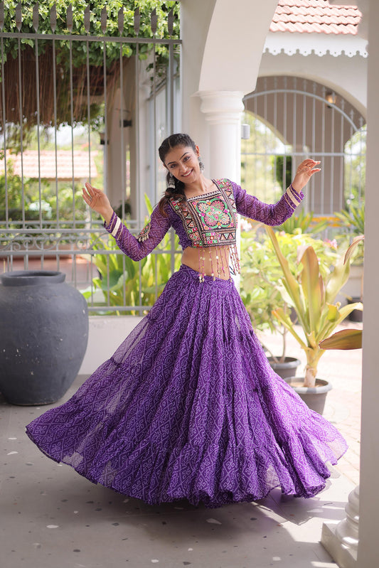 Purple Bandhani Print with Kutchi Patchwork Faux Georgette Navratri Lehenga Choli