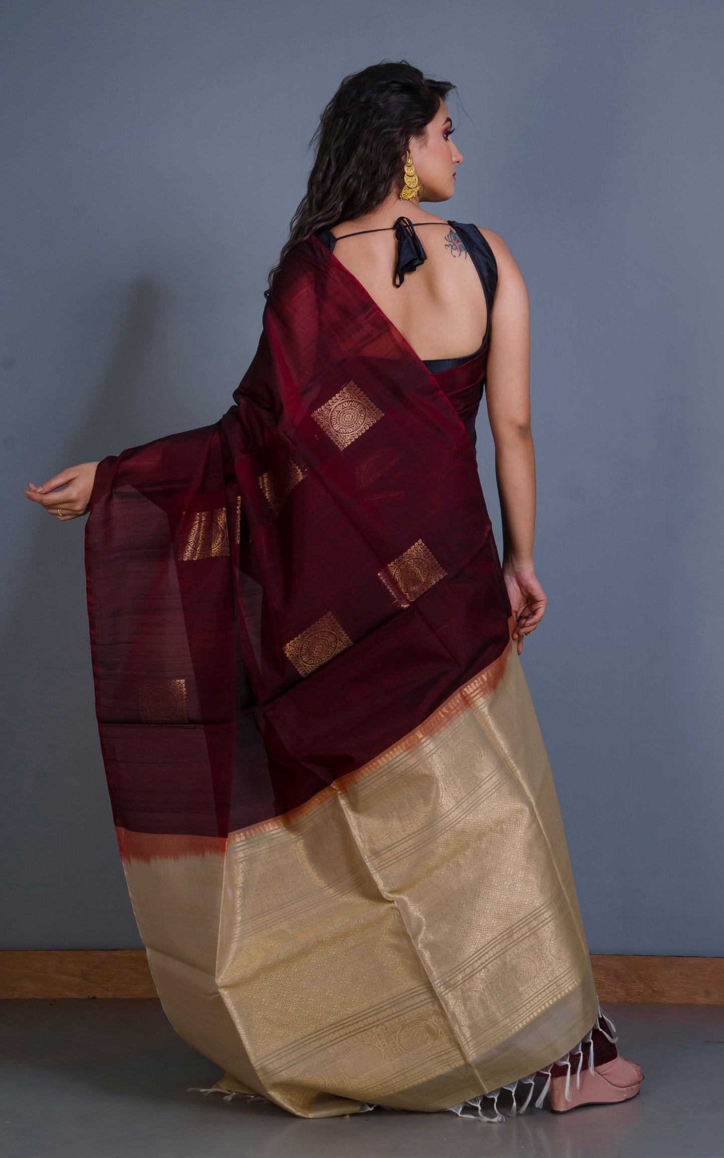 Premium Quality Poth Cotton Silk Kangivaram Saree in Garnet, Parmesan and Muted Gold Zari Work