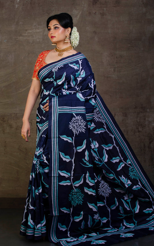 Pure Silk Hand Embroidery Kantha Stitch Saree in Midnight Blue, Cyan and Off White