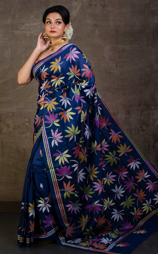 Pure Silk Hand Embroidery Kantha Stitch Saree Midnight Blue and Multicolored Thread Work