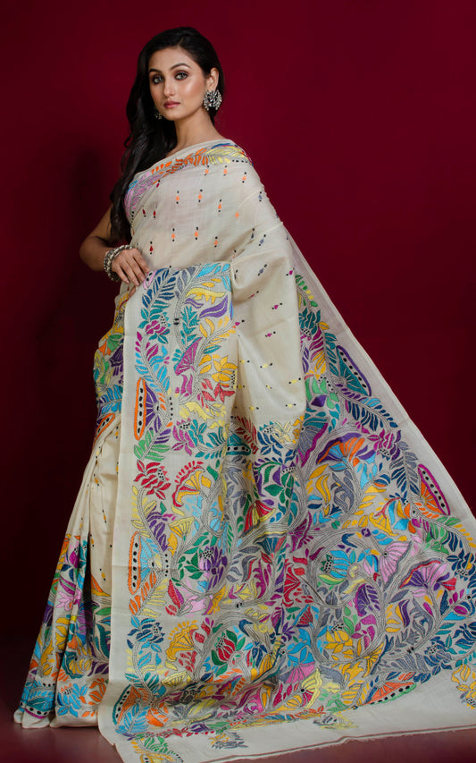 Hand Embroidery Tussar Silk Kantha Work Saree in Off White and Multicolored Thread Work