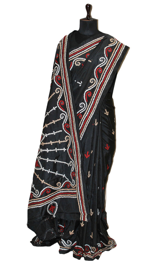 Hand Embroidery Blended Silk Kantha Work Saree in Black and Multicolored Thread Work