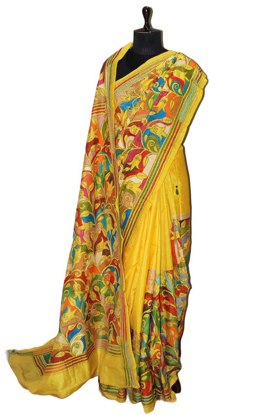 Hand Embroidery Reverse Floral Kantha Stitch Pure Silk Saree in Bright Yellow and Multicolored Thread Work