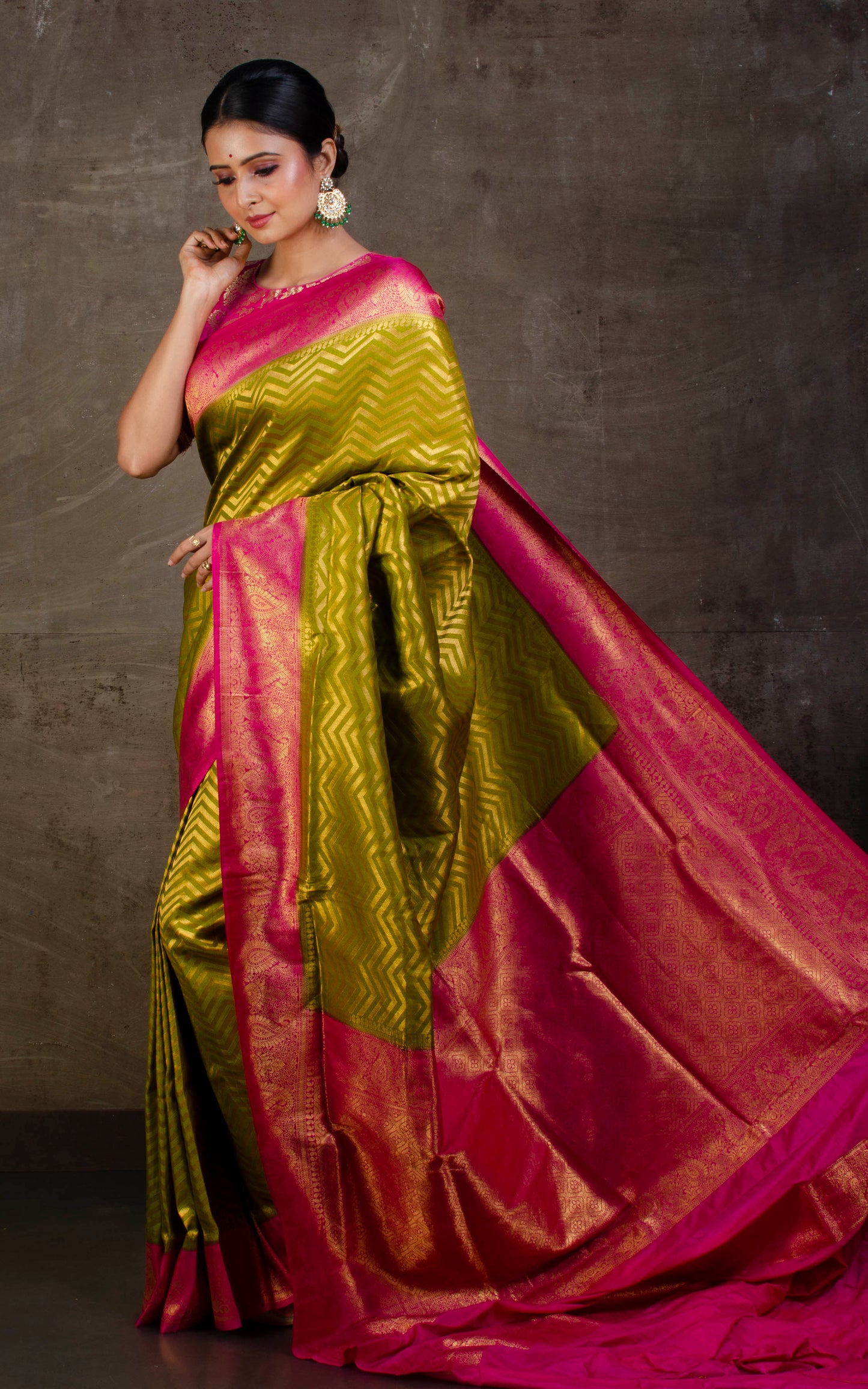 Tanchui Brocade Work Katan Silk Saree in Pistachio Green and Hot Pink