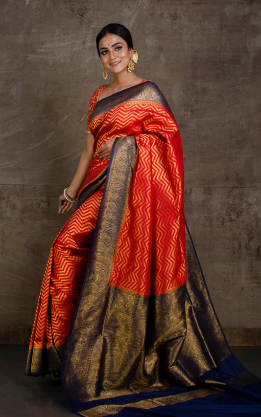 Tanchui Brocade Work Katan Silk Saree in Crimson Red and Midnight Blue