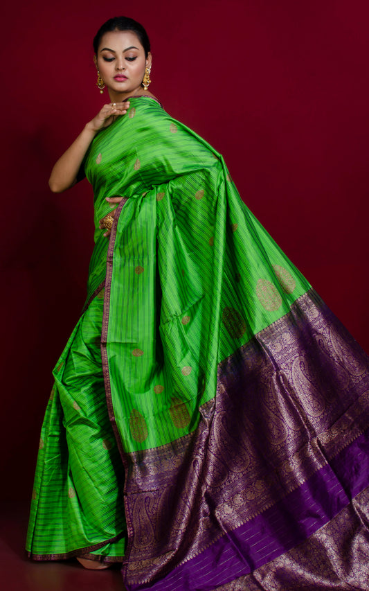 Woven Thread Nakshi Work Koniya Motif Pure Katan Banarasi Silk Saree in Green, Indigo Blue and Antique Gold